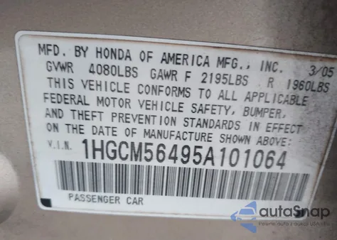 2005 Honda Accord 2.4 Lx из США, поврежденный, VIN 1HGCM56495A101064